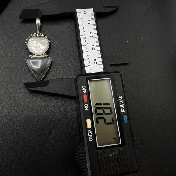 Sajen Moon Goddess Pendant Sterling Silver Carved Mother of Pearl and Agate 1.8" - Picture 4 of 13